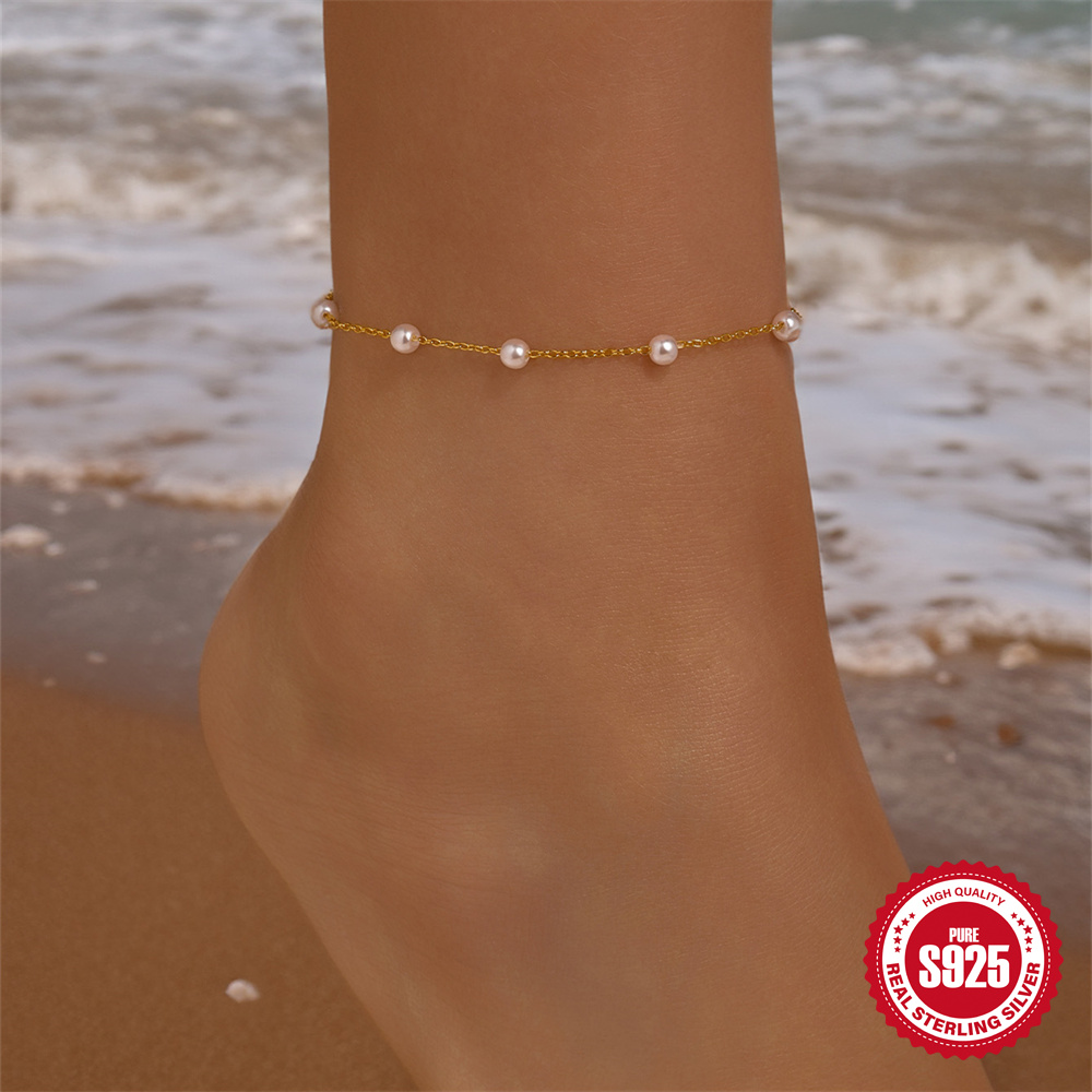 Beaded Anklet Chain - AIDE 925 Sterling Silver Pearl Ankle