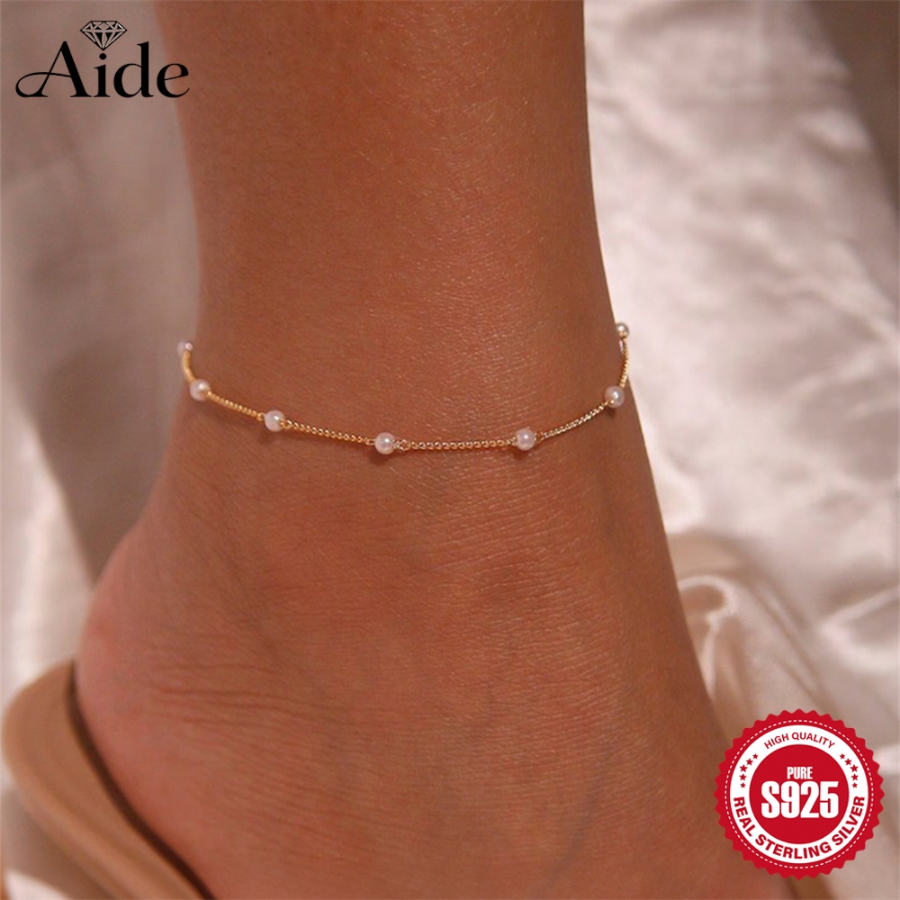 AIDE 925 Sterling Silver Pearl - Beaded Anklet Chain recension och pris